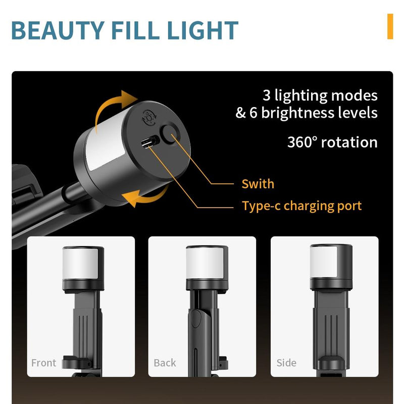 Rotatable Bluetooth Selfie Stick with Fill Light and Remote Control