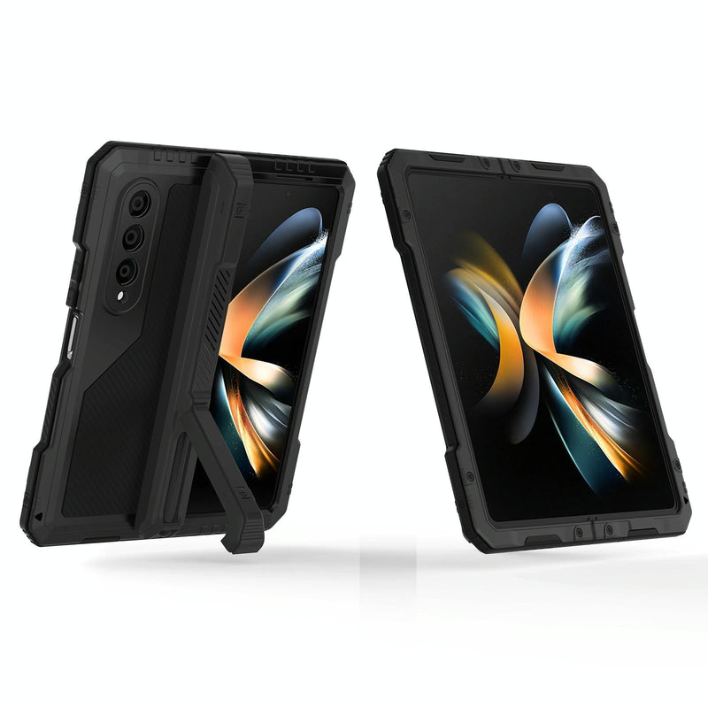 For Samsung Galaxy Z Fold4 5G Waterproof Metal Phone Case With Folding Holder - Black