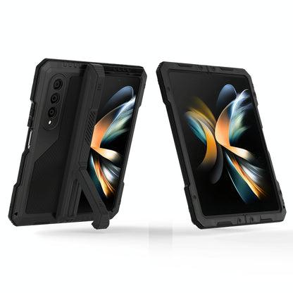 For Samsung Galaxy Z Fold4 5G Waterproof Metal Phone Case With Folding Holder - Black