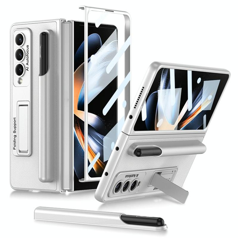 For Samsung Galaxy Z Fold4 5G Leather Case With Holder & Pen Slots - Thin & Shockproof - Grey