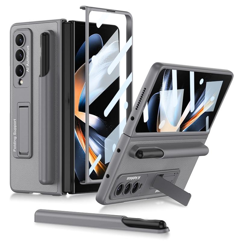 For Samsung Galaxy Z Fold4 5G Leather Case With Holder & Pen Slots - Thin & Shockproof - Grey
