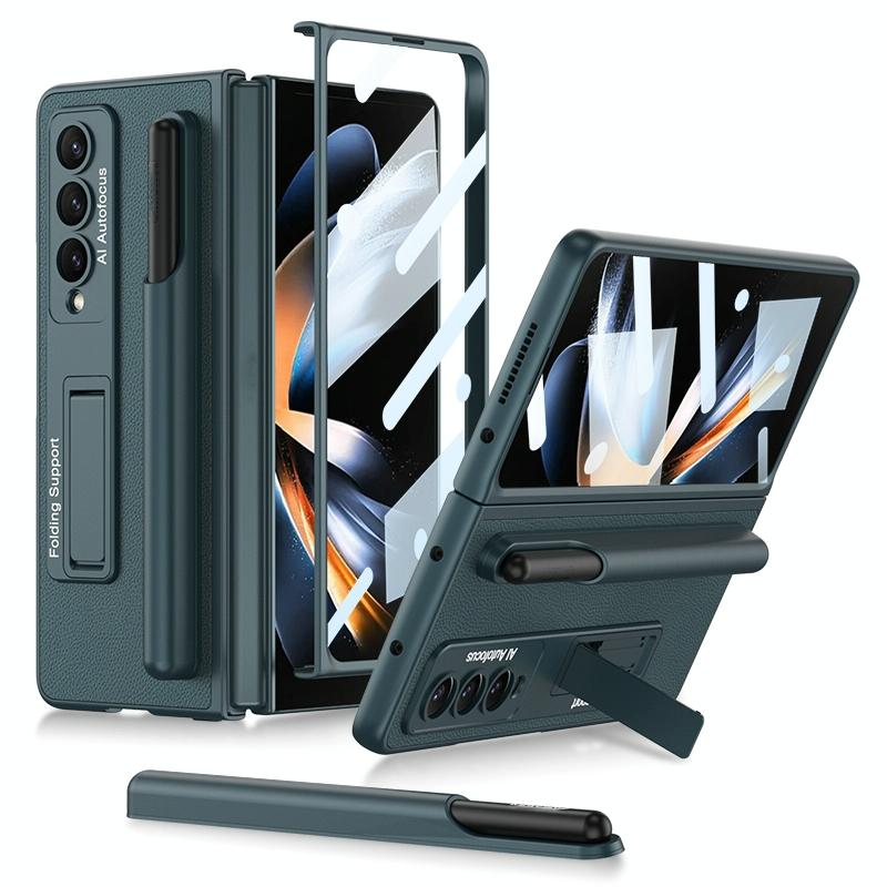 For Samsung Galaxy Z Fold4 5G Leather Case With Holder & Pen Slots - Thin & Shockproof - Grey