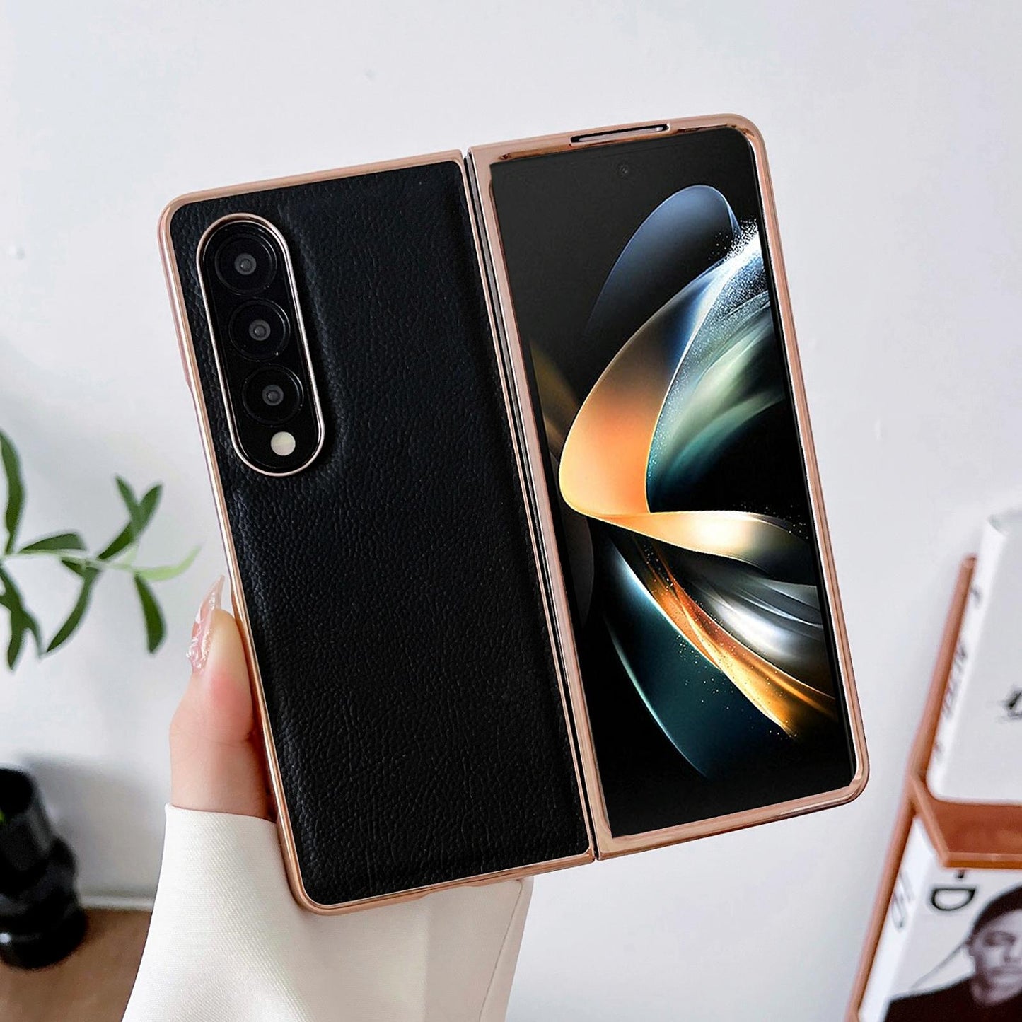 For Samsung Galaxy Z Fold4 5G Skyline Series Nano Electroplating Pu Case - Black