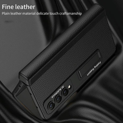 For Samsung Galaxy Z Fold4 5G Leather Phone Case With Foldable Hinge And Holder - Black