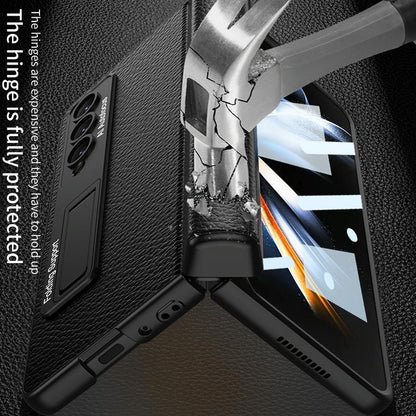For Samsung Galaxy Z Fold4 5G Leather Phone Case With Foldable Hinge And Holder - Black