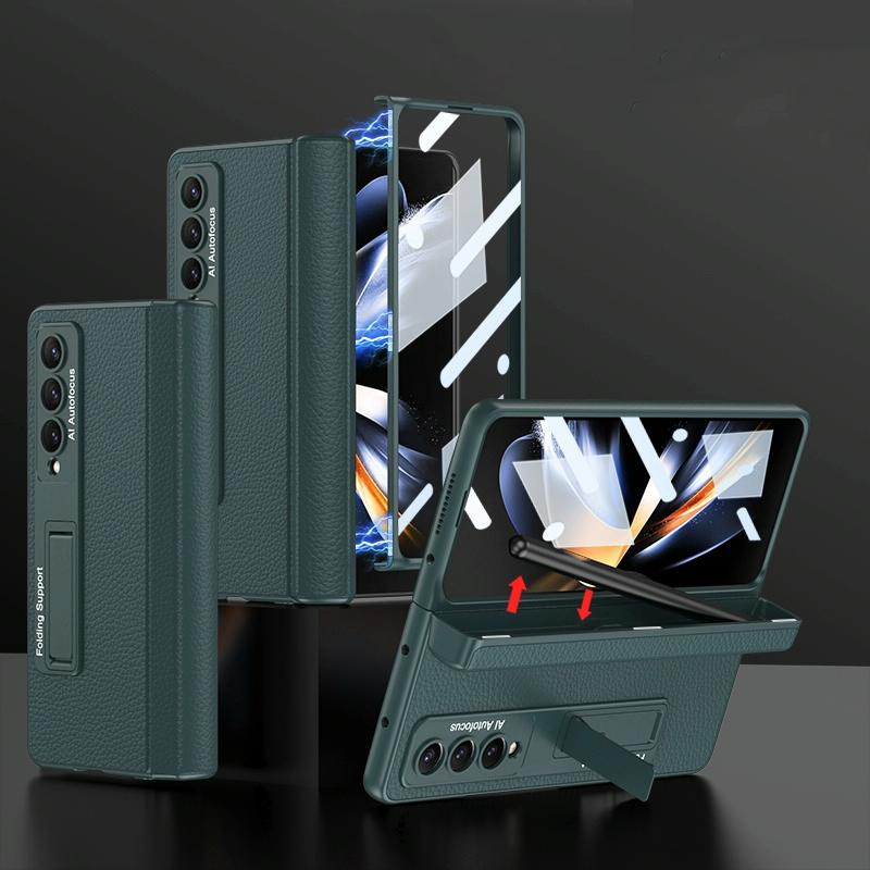 For Samsung Galaxy Z Fold4 5G Leather Phone Case With Foldable Hinge And Holder - Black