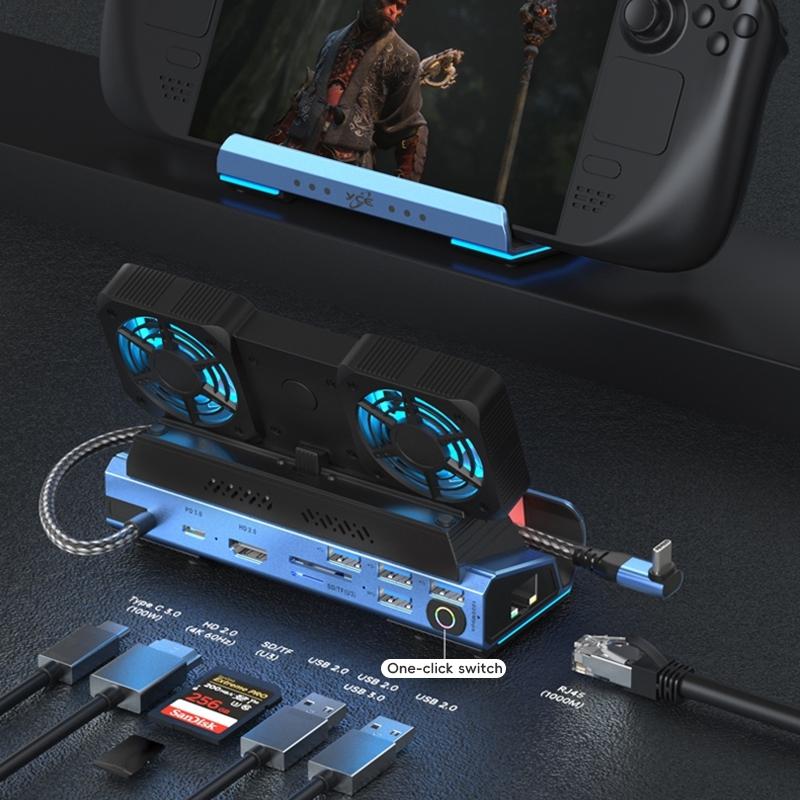 9-In-1 Usb-C Gaming Dock With Detachable Fan - Blue / Black