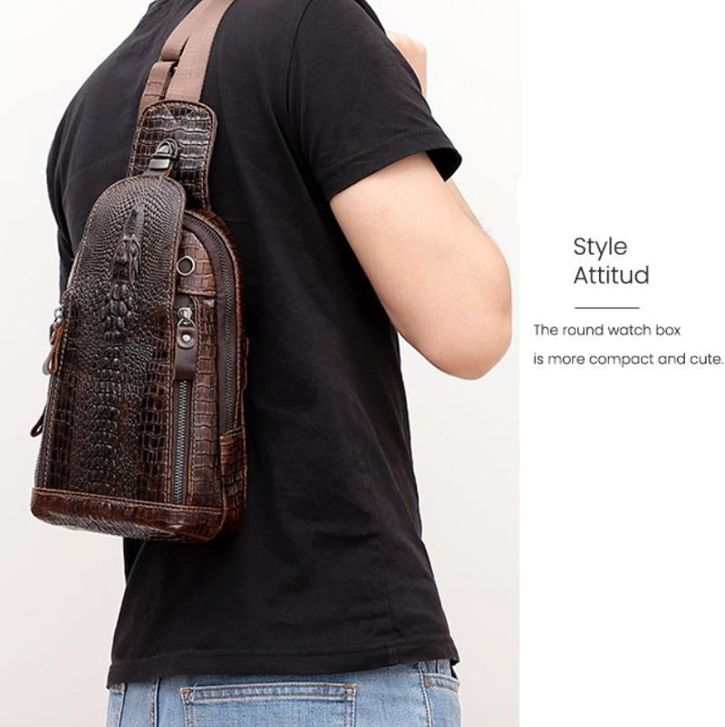 Men Cowhide Crocodile Texture Crossbody Chest Bag One Shoulder Design - Crocodile Pattern