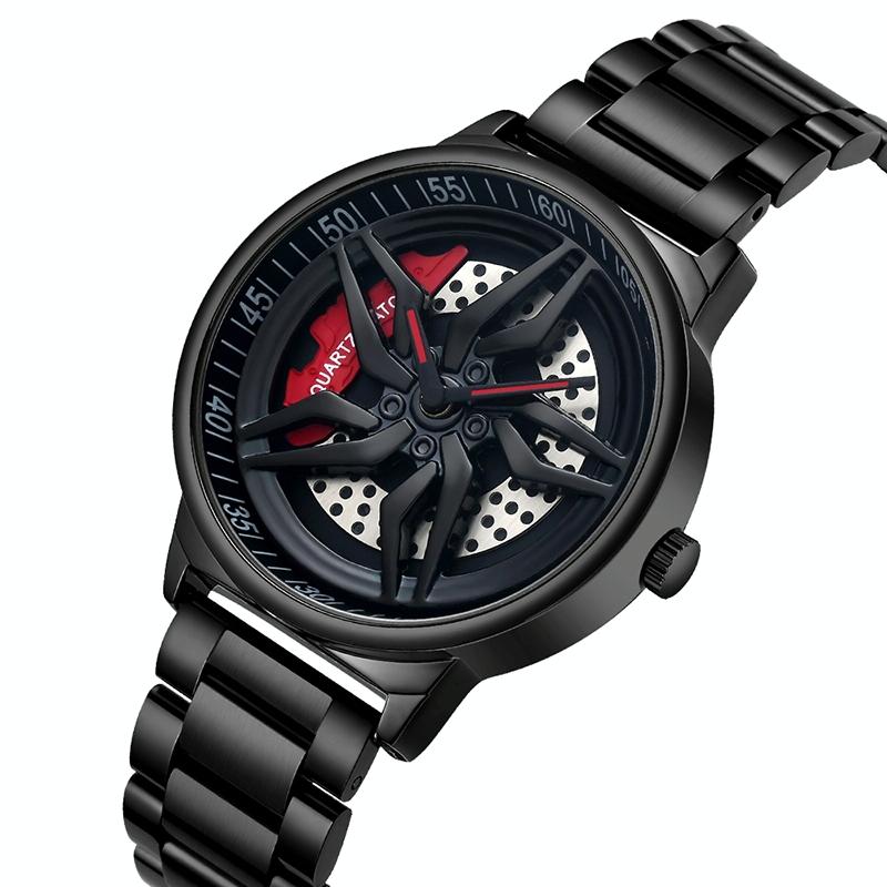 Men 360 Degree Hollow Spinning Dial Quartz Watch With Steel Strap - Black