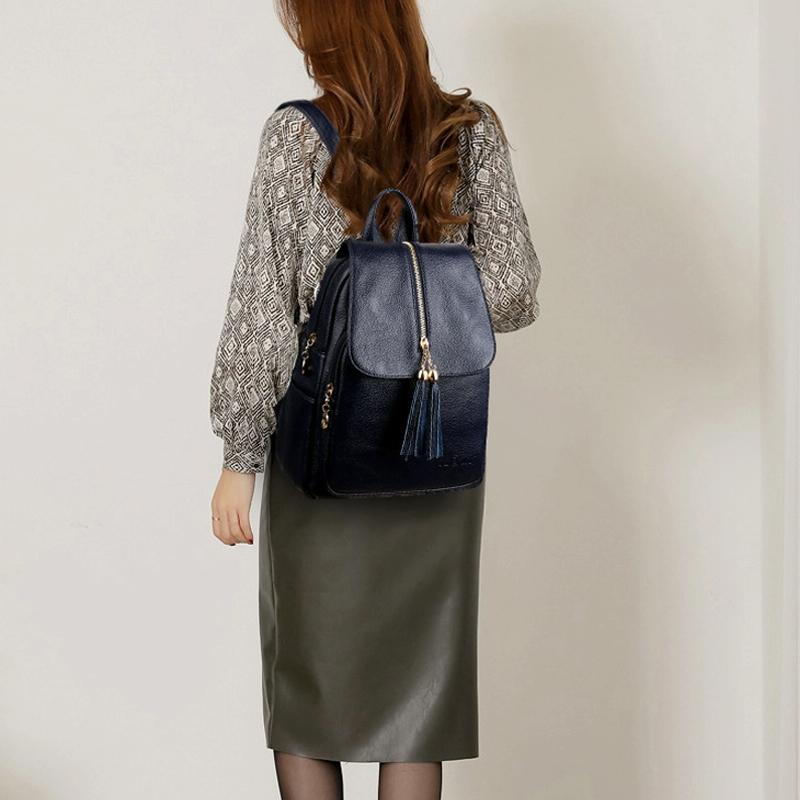 Leather Travel Backpack - Anti-theft Compact - Blue