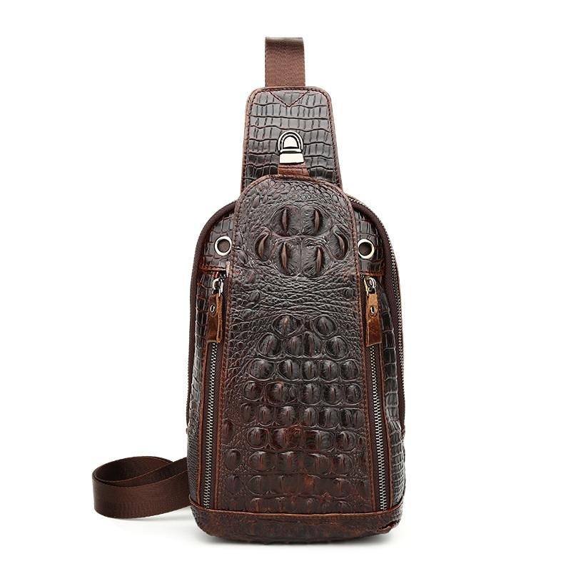 Men Cowhide Crocodile Texture Crossbody Chest Bag One Shoulder Design - Crocodile Head