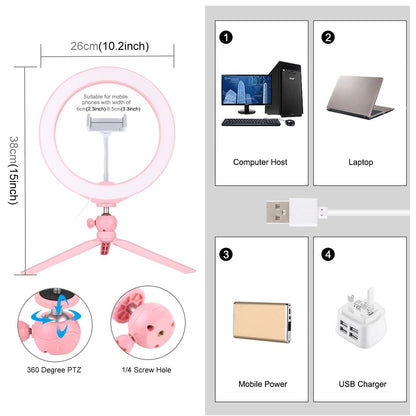 10.2 Selfie Beauty Light with Tripod Mount and Usb 3 Modes Dimmable Led Ring for Vlogging and Photography Cold Shoe Ball Head and Phone Clamp - Black