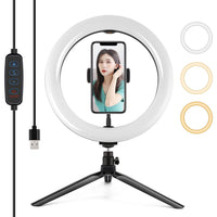 10.2 Selfie Beauty Light with Tripod Mount and Usb 3 Modes Dimmable Led Ring for Vlogging and Photography Cold Shoe Ball Head and Phone Clamp - Black