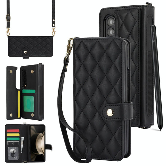 For Samsung Galaxy z Fold4 5G Multifunctional Rhombic Leather Crossbody Phone Case - Black