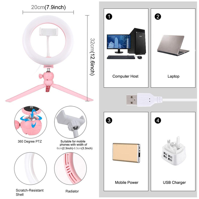 7.9 Led Ring Light with Tripod and Phone Clamp - 3 Modes Dimmable Dual Colour Temperature - Black
