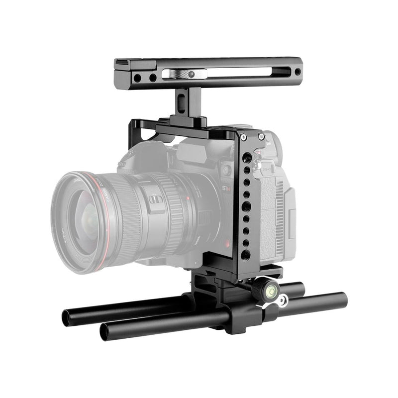 Camera Cage Stabilizer With Handle & Rail Rod Mount - Black for Panasonic Lumix Dc-S1H / Dc-S1 / Dc-S1R