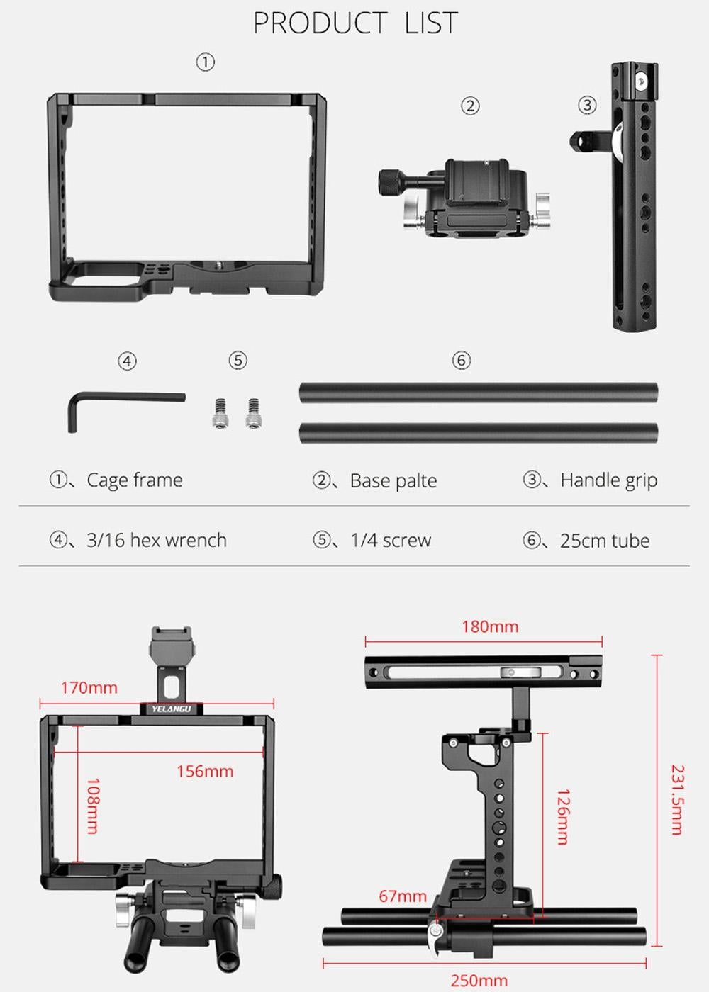 Panasonic Lumix Dc-S1H / Dc-S1 / Dc-S1R Camera Cage Stabilizer With Handle & Rail Rod Mount - Black