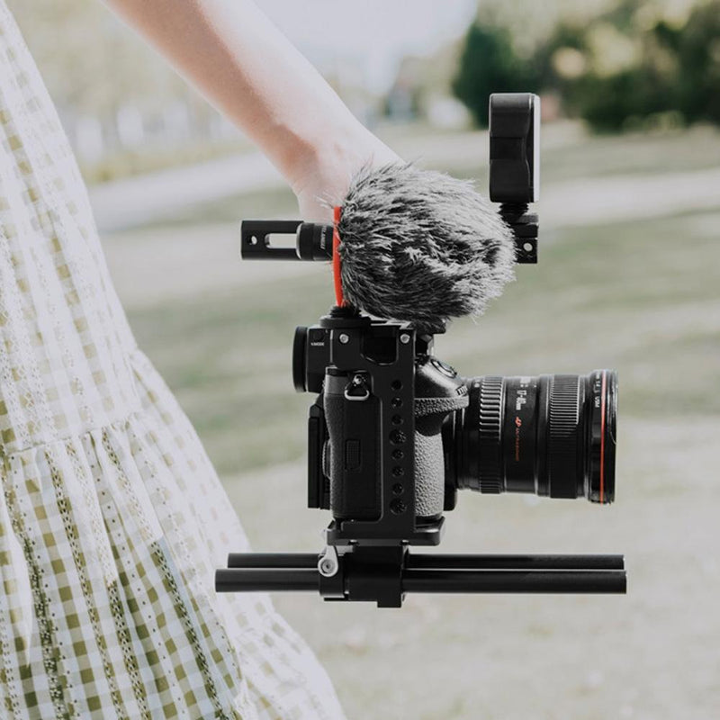 Camera Cage Stabilizer With Handle & Rail Rod Mount - Black for Panasonic Lumix Dc-S1H / Dc-S1 / Dc-S1R