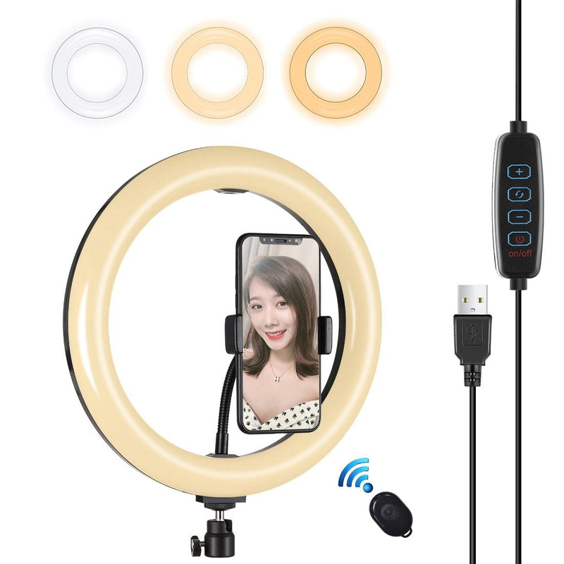 26cm Usb 3 Modes Dimmable Led Ring Light with Phone Clamp - Black