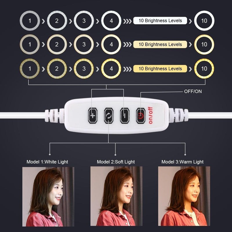 26cm Usb 3 Modes Dimmable Led Ring Light with Phone Clamp - Black