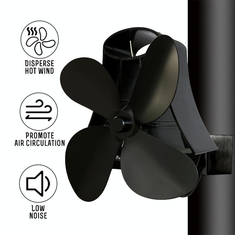 4-blade Heat Powered Fireplace Stove Fan - Aluminum - Black