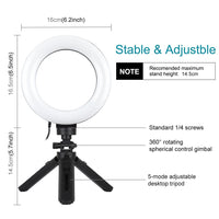 6.2 Led Ring Light with Usb 3 Modes Dimmable Vlogging Photography Video Pocket Tripod Mount Cold Shoe Ball Head Black