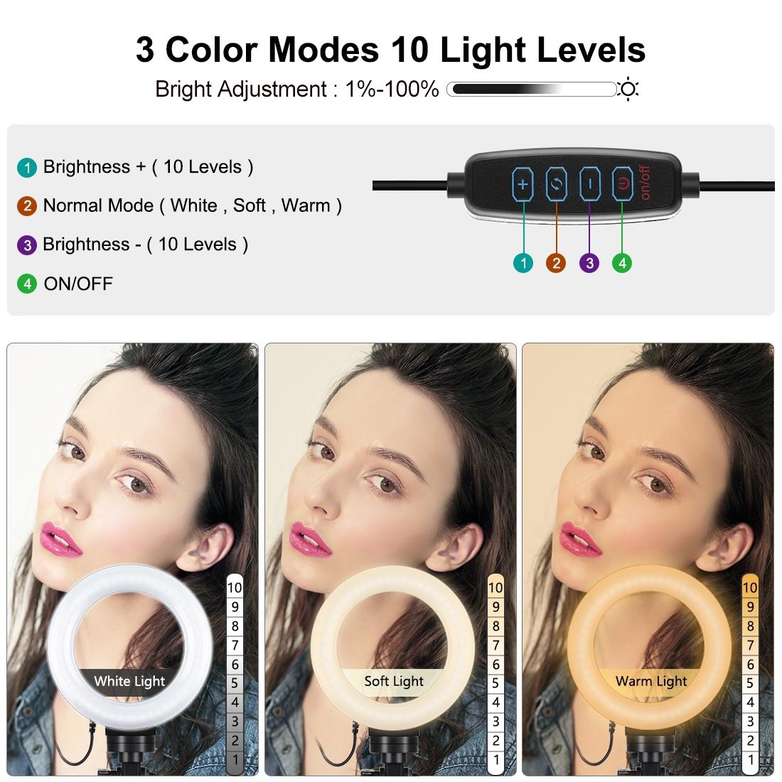 6.2 Led Ring Light with Usb 3 Modes Dimmable Vlogging Photography Video Pocket Tripod Mount Cold Shoe Ball Head Black