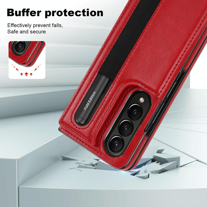 For Samsung Galaxy Z Fold4 5G Double Buckle Foldable Phone Case With Pen Slot - Red