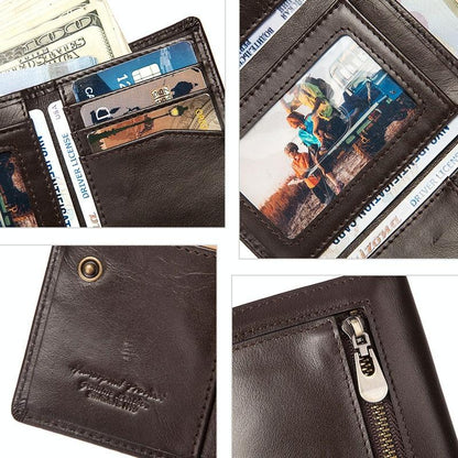 Rfid-blocking Leather Men Wallet with Multi-card Slots and Zipper Coin Pocket - Brown