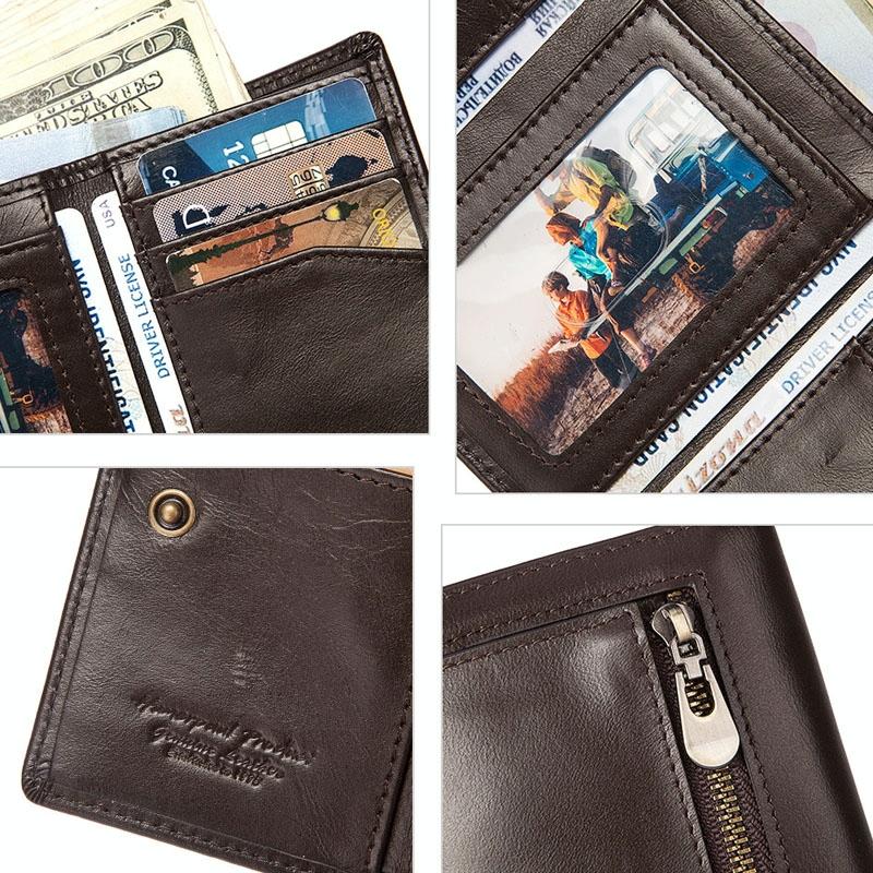 Rfid-blocking Leather Men Wallet with Multi-card Slots and Zipper Coin Pocket - Brown