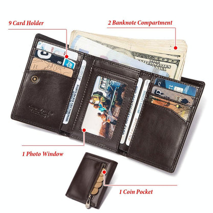 Rfid-blocking Leather Men Wallet with Multi-card Slots and Zipper Coin Pocket - Brown