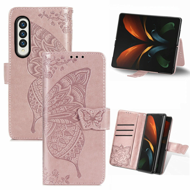 For Samsung Galaxy Z Fold4 5G Embossed Butterfly Love Leather Case - Flower Design - Rose Gold