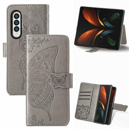 For Samsung Galaxy Z Fold4 5G Embossed Butterfly Love Leather Case - Flower Design - Rose Gold