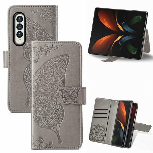 For Samsung Galaxy Z Fold4 5G Embossed Butterfly Love Leather Case - Flower Design - Rose Gold