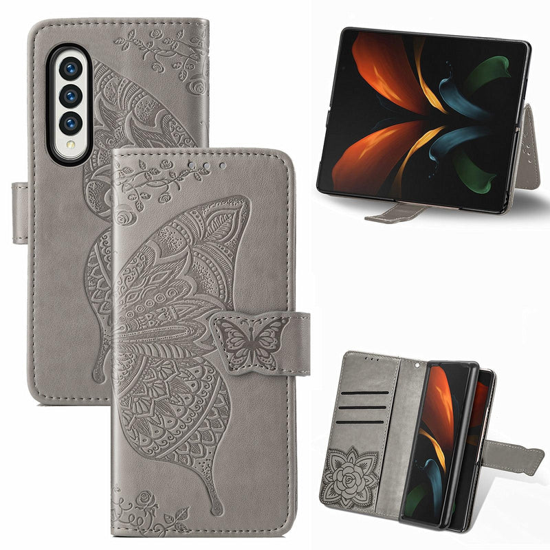 For Samsung Galaxy Z Fold4 5G Embossed Butterfly Love Leather Case - Flower Design - Rose Gold
