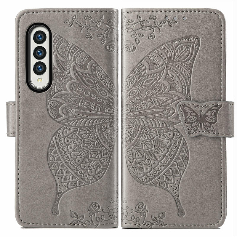 For Samsung Galaxy Z Fold4 5G Embossed Butterfly Love Leather Case - Flower Design - Rose Gold