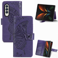 For Samsung Galaxy Z Fold4 5G Embossed Butterfly Love Leather Case - Flower Design - Rose Gold