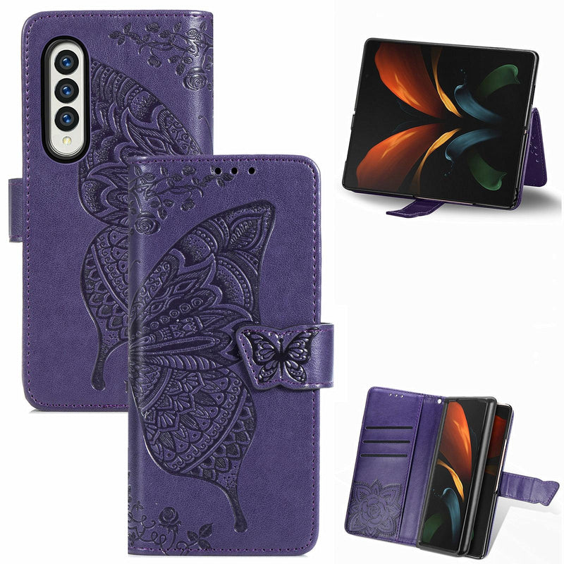 For Samsung Galaxy Z Fold4 5G Embossed Butterfly Love Leather Case - Flower Design - Rose Gold