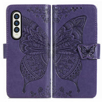 For Samsung Galaxy Z Fold4 5G Embossed Butterfly Love Leather Case - Flower Design - Rose Gold