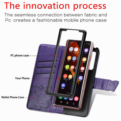 For Samsung Galaxy Z Fold4 5G Embossed Butterfly Love Leather Case - Flower Design - Rose Gold