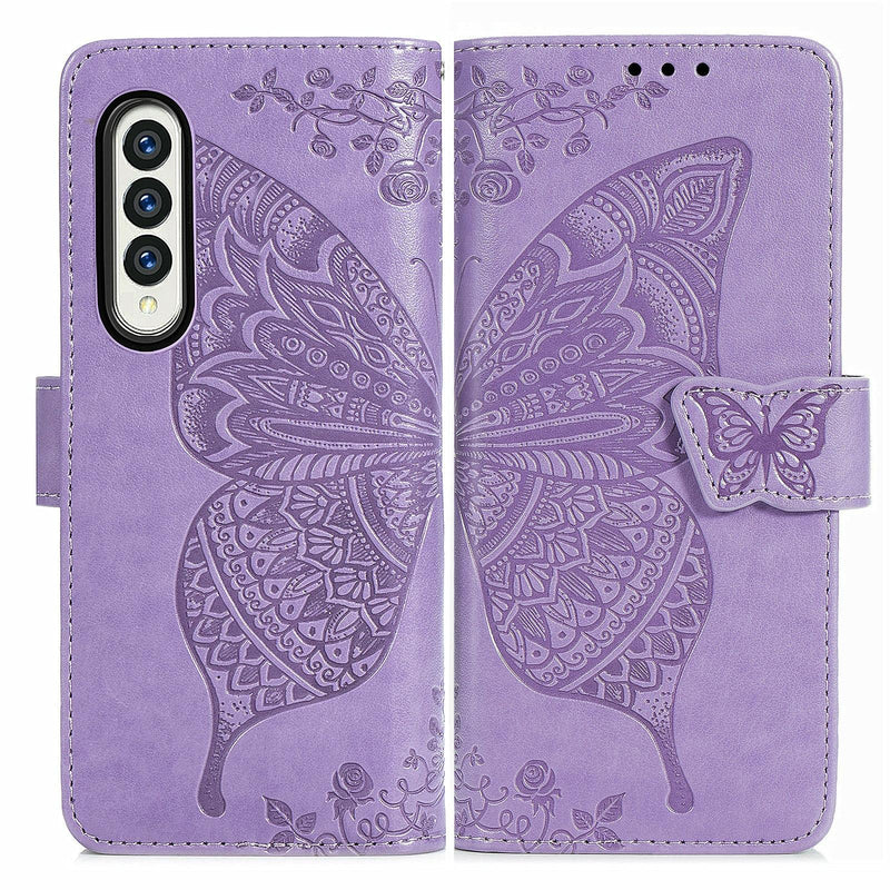 For Samsung Galaxy Z Fold4 5G Embossed Butterfly Love Leather Case - Flower Design - Rose Gold