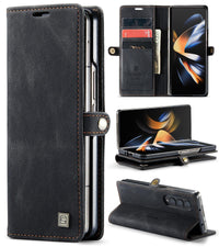 For Samsung Galaxy Z Fold4 5G Vintage Rfid Leather Phone Case - Black