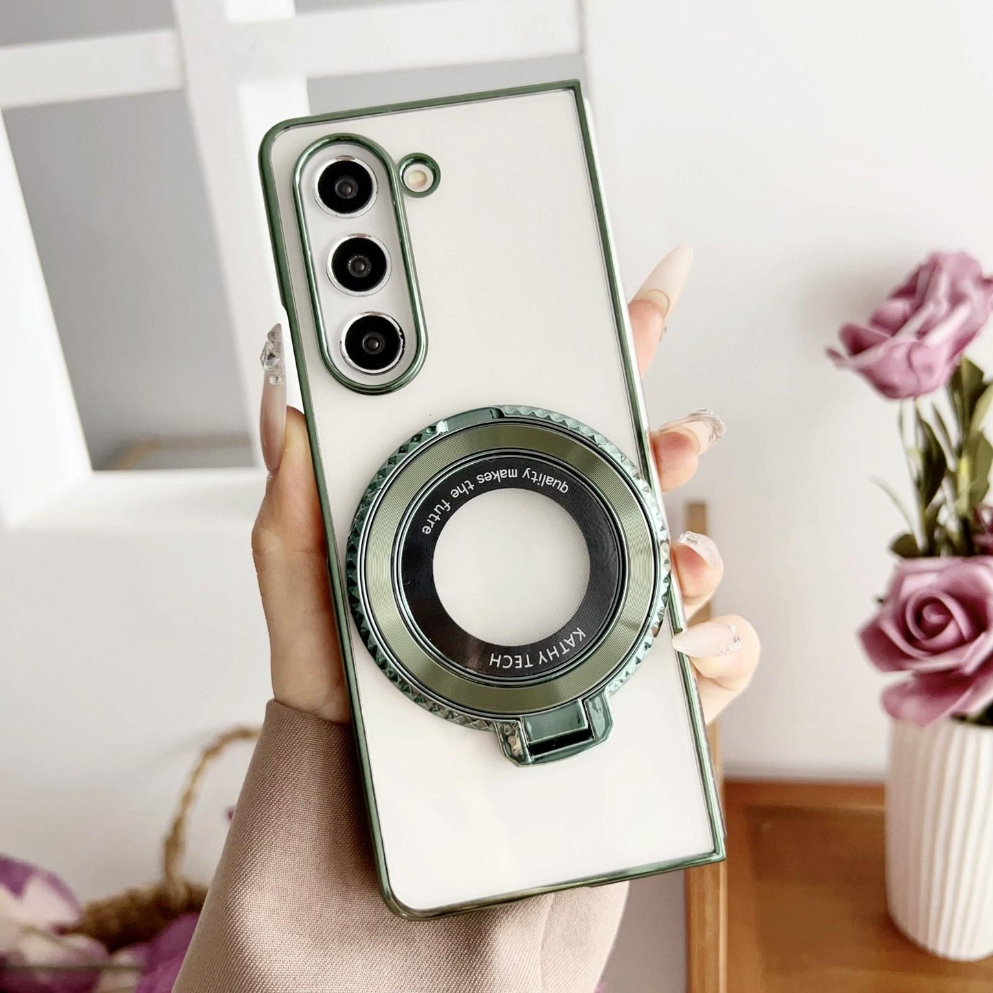 For Samsung Galaxy z Fold4 5G Shockproof Magsafe Holder for Rotating Plating Phone Case - Green