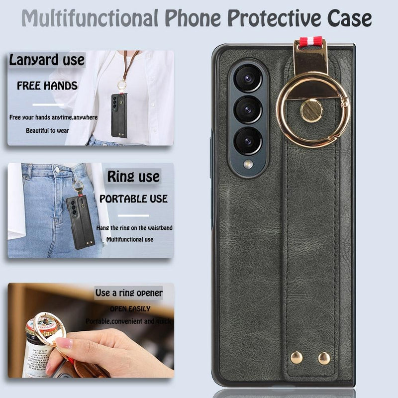 For Samsung Galaxy z Fold4 5G Leather Wristband Phone Case - Back Cover - Brown
