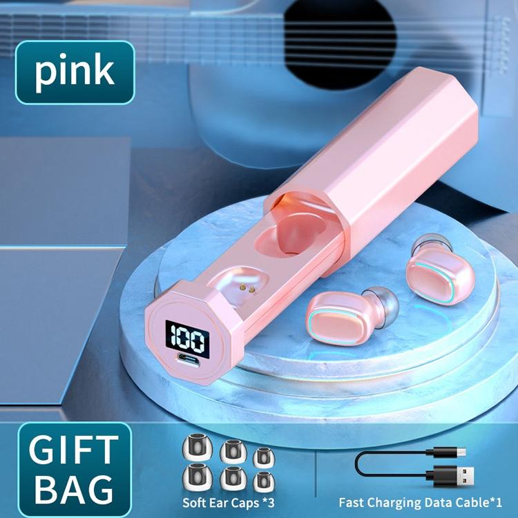 True Wireless Bluetooth Earphones with Digital Display and Charging Box - Pink