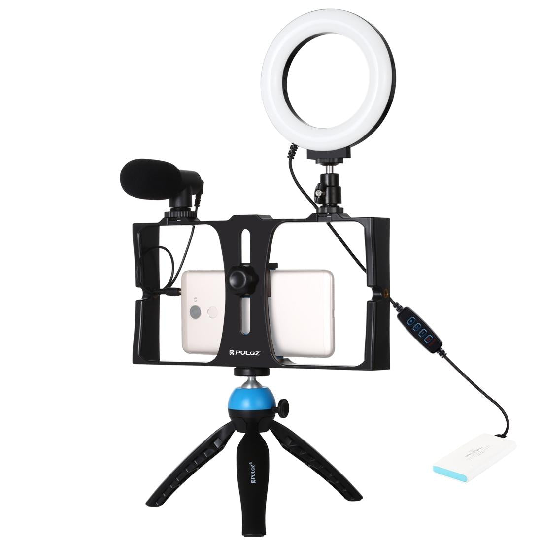 Vlogging Live Broadcast Smartphone Video Rig With Led Selfie Light Microphone Tripod Mount And Cold Shoe Head - Blue - Pkt3025L