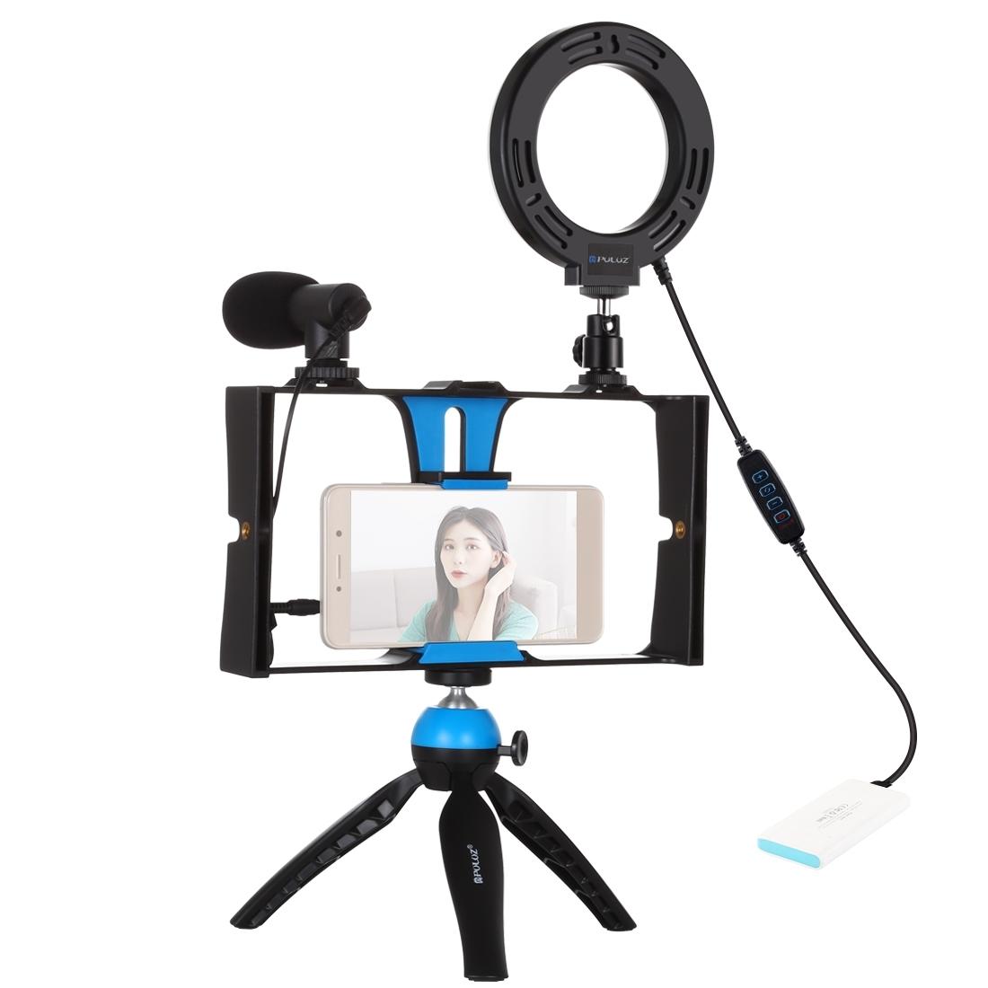 Vlogging Live Broadcast Smartphone Video Rig With Led Selfie Light Microphone Tripod Mount And Cold Shoe Head - Blue - Pkt3025L