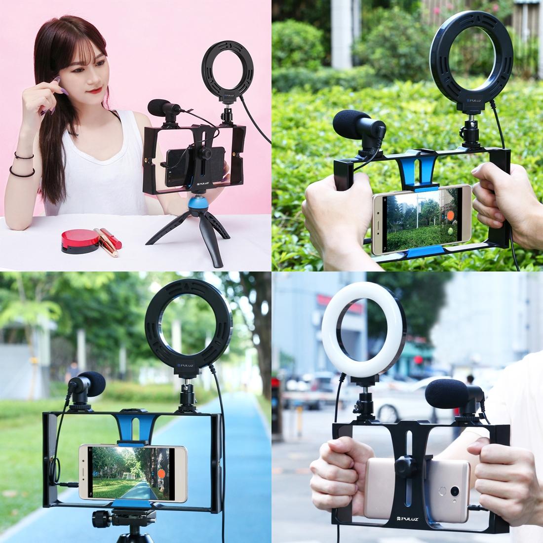 Vlogging Live Broadcast Smartphone Video Rig With Led Selfie Light Microphone Tripod Mount And Cold Shoe Head - Blue - Pkt3025L