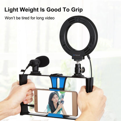 Vlogging Live Broadcast Smartphone Video Rig With Led Selfie Light Microphone Tripod Mount And Cold Shoe Head - Blue - Pkt3025L