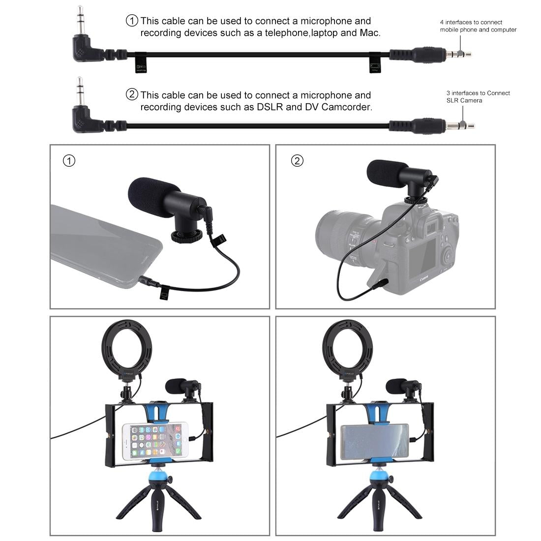 Vlogging Live Broadcast Smartphone Video Rig With Led Selfie Light Microphone Tripod Mount And Cold Shoe Head - Blue - Pkt3025L